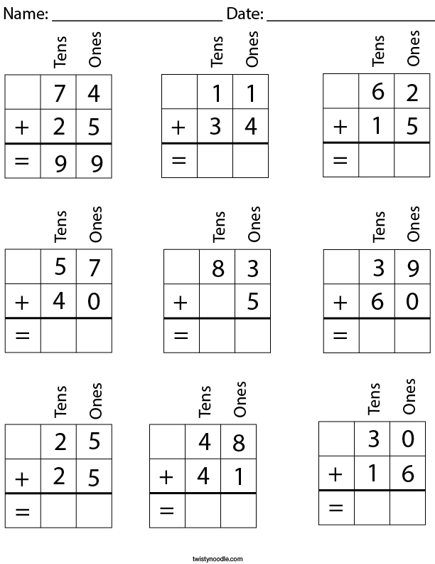 2 Digit Addition with Place Value Math Worksheet Twisty Noodle